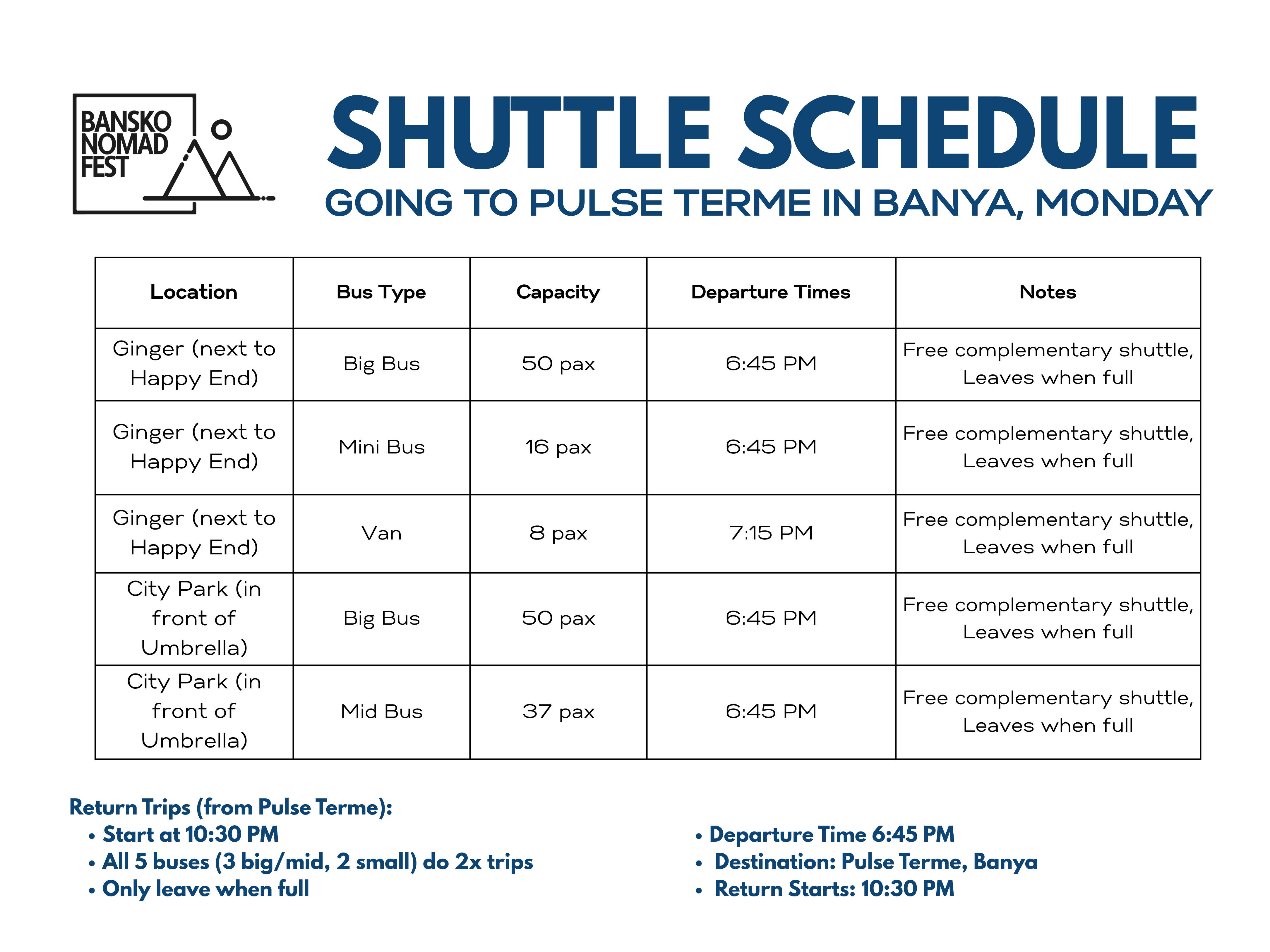 Free shuttle bus schedule from City park to the Pulse Therme