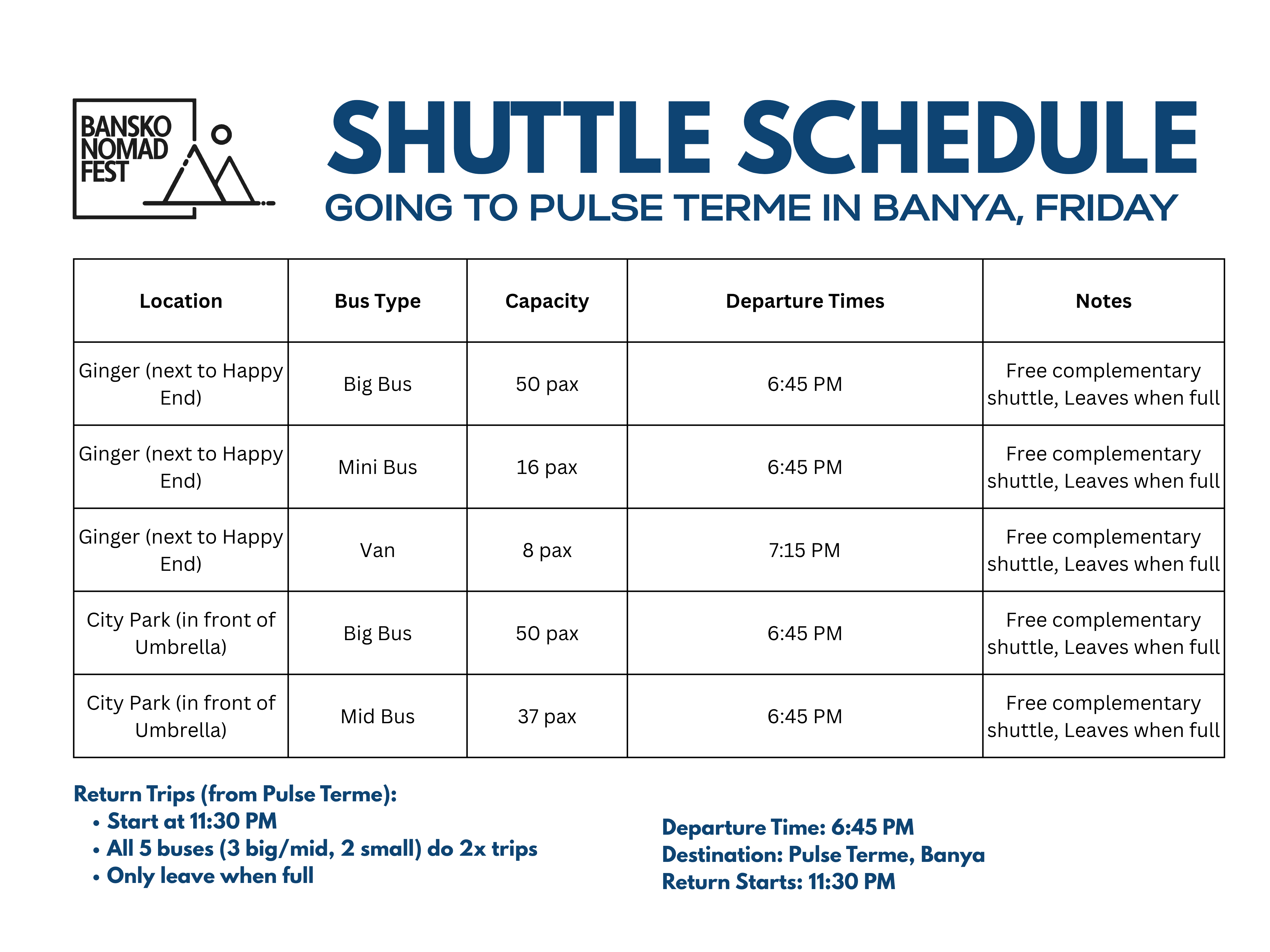 Free shuttle bus schedule City park to the Pulse Terme