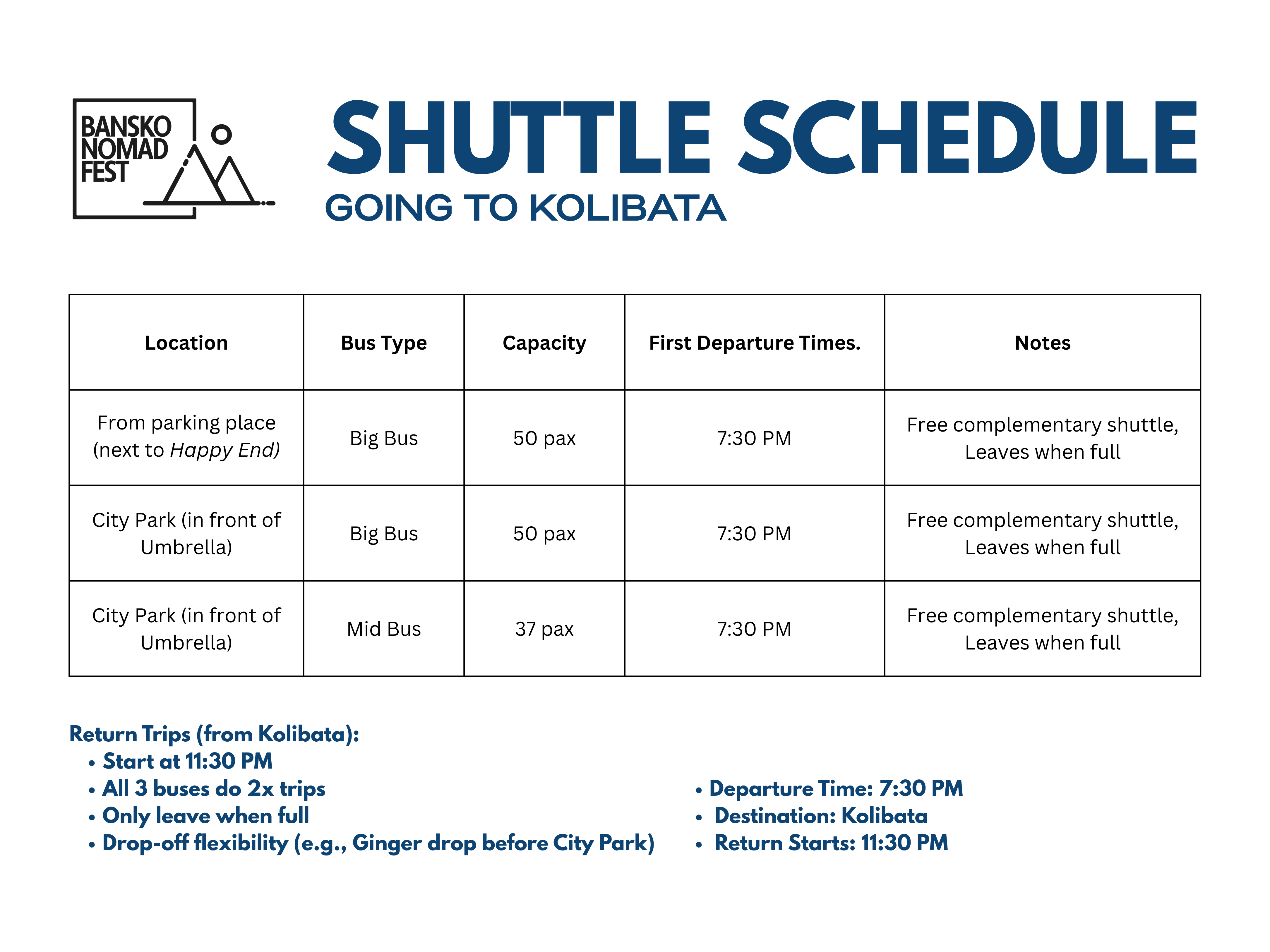 Free shuttle bus schedule Ginger to Kolibata